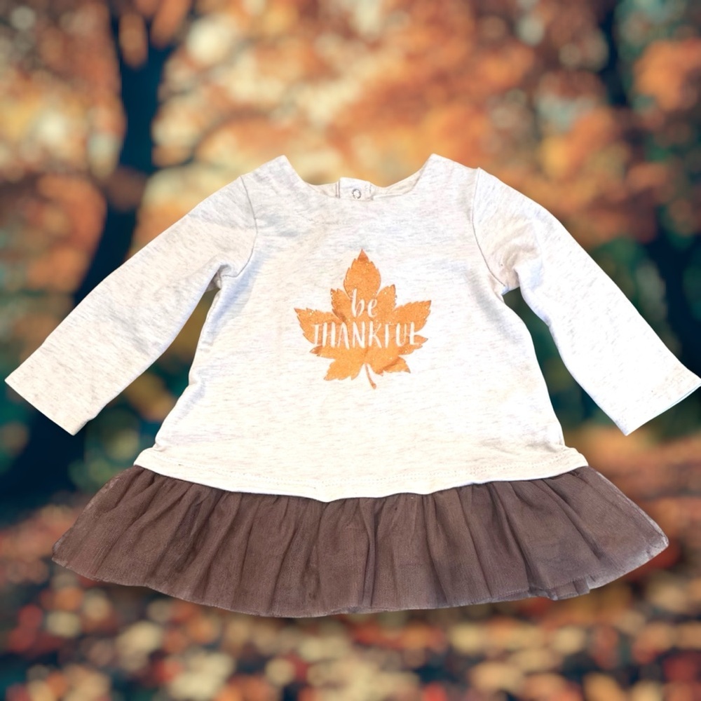 Starting Out “Be Thankful” Glitter Leaf Cream Long Sleeve Top Brown Tulle Ruffle